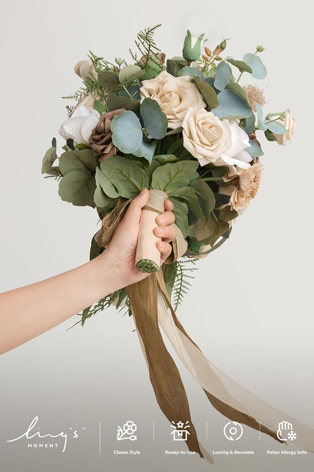 Ling's moment Intimate Brown Bridal Bouquet Cascading, Beige Wedding Bouquets for Bride, 13 Inch Bride Bouquets for Wedding Artificial Flowers Bouquets