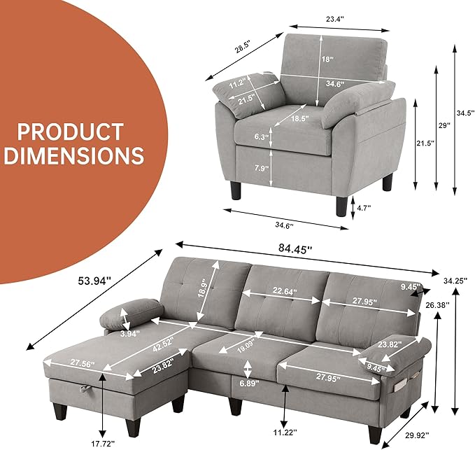 2 Piece Sectional Sofa Set, 3 Seat L Shaped Couches - Image 2