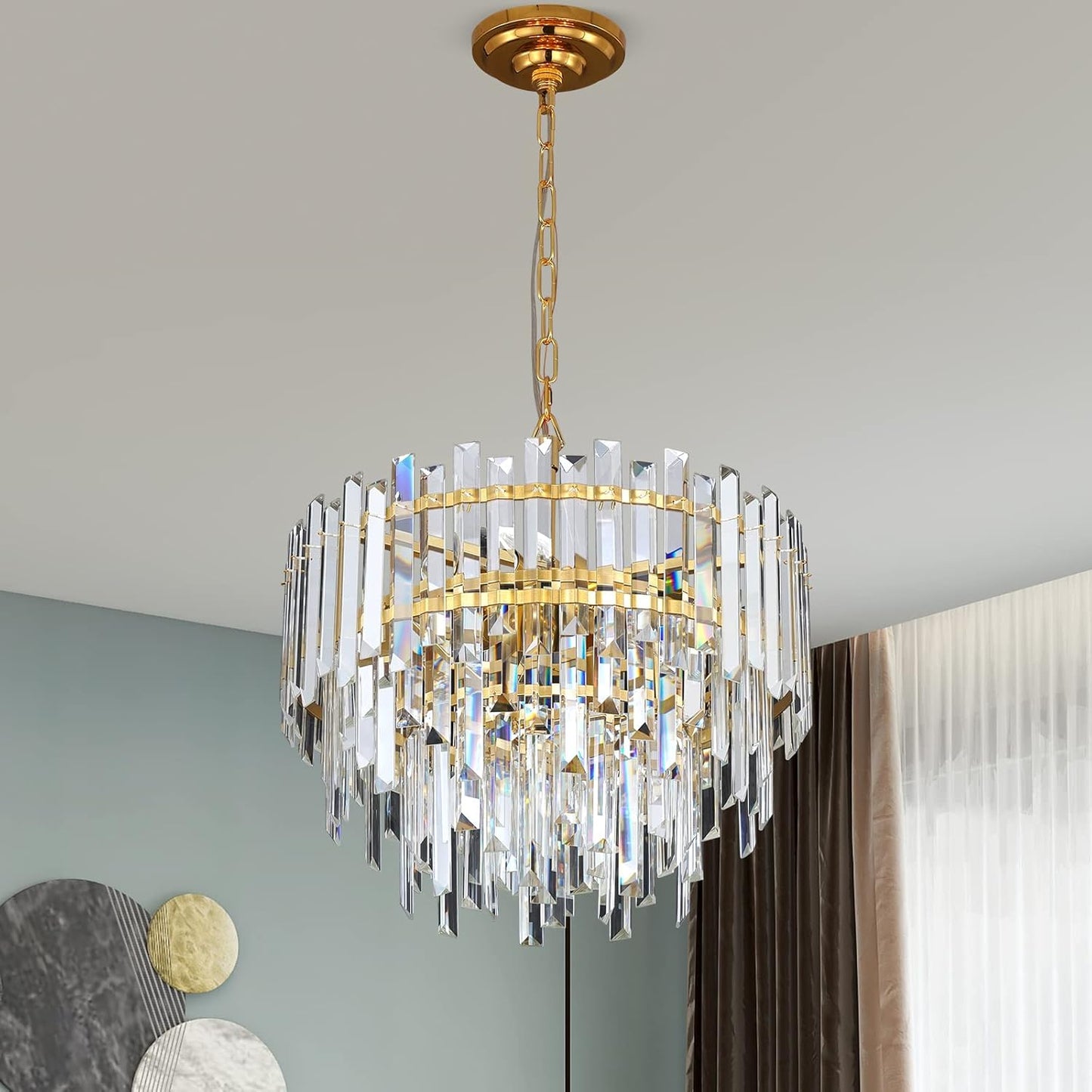 Gold Copper Crystal Chandelier Lighting 17.7'' for Dining Rooms Bedroom Foyer Entryway Ceiling Hanging Pendant Chandelier Light Fixture Lamp