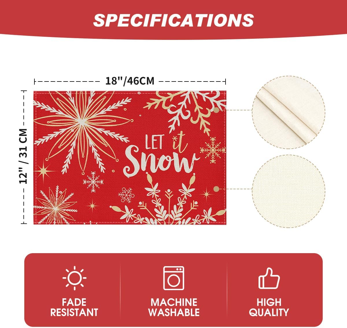 Artoid Mode Red Snowflake Let It Snow Winter Placemats for Dining Table, 12 x 18 Inch Seasonal Christmas Washable Table Mats Set of 4