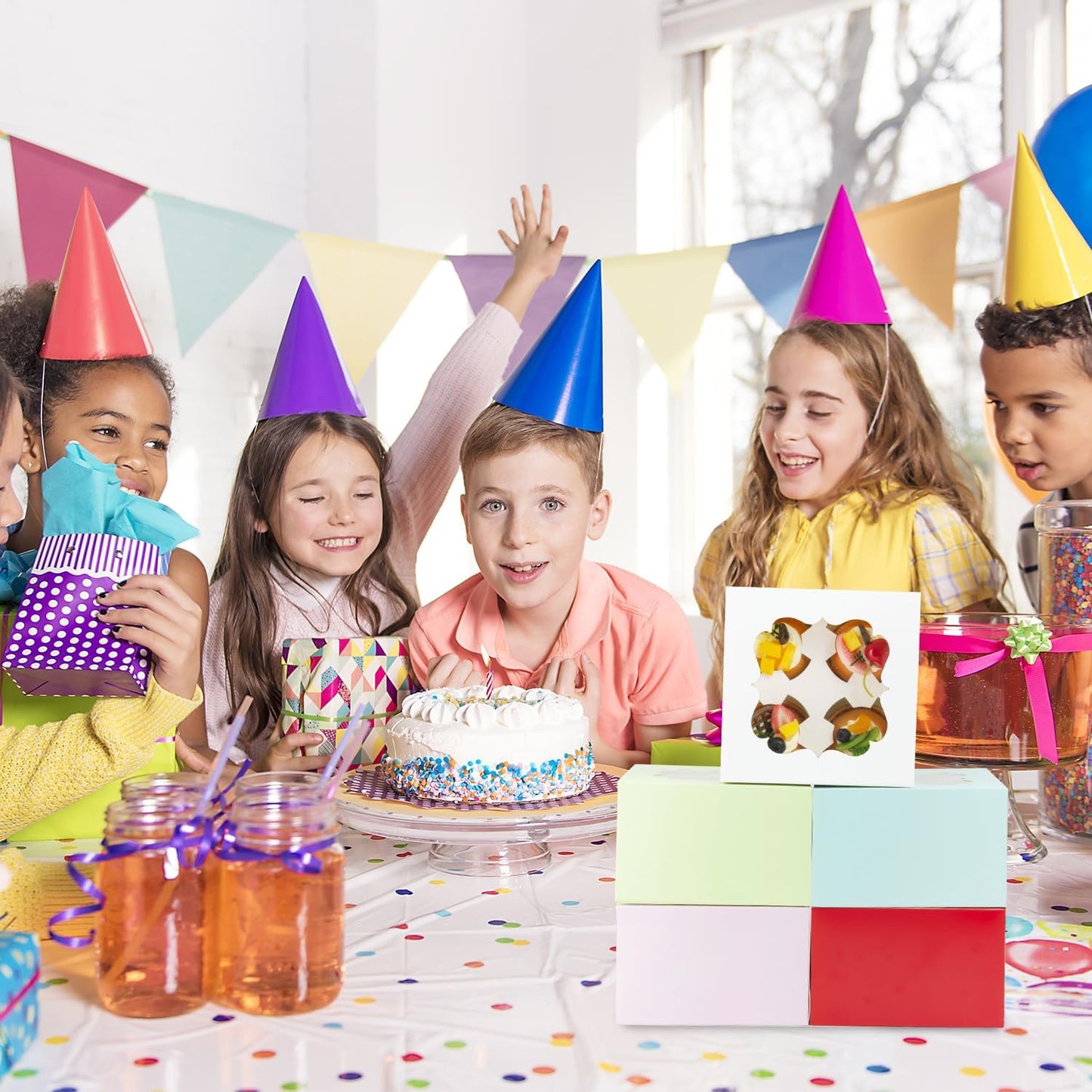 20 PCS 6.5 x 6.5 x 4 inch Paper, Cupcake Boxes with Inserts and Window Hold 4 Cupcakes, Bakery Boxes For Cupcakes Carrier, Cupcake Containers (Pink - 4 Holes)