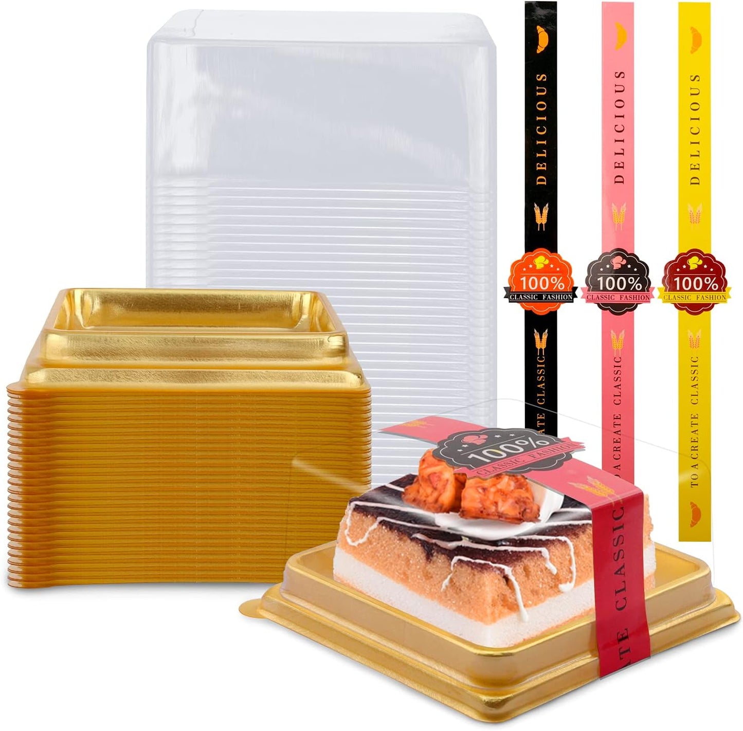 50 Pcs 3.5 Inch Mini Cake Box, Clear Plastic Cupcake Container for Muffins, Cookies, Mooncakes - Small Single Dessert Holder for Wedding, Birthday - Bonus 50 Pcs Gold Stickers