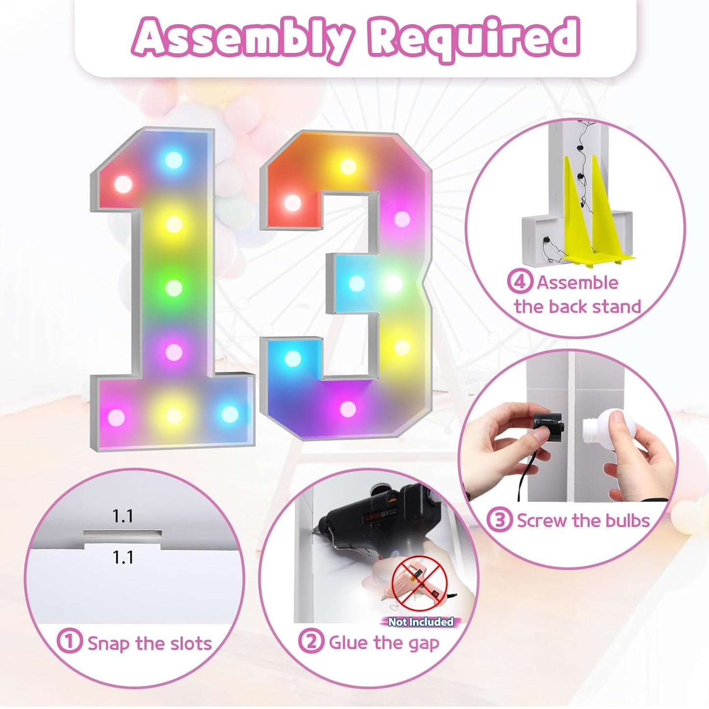 Marquee Numbers 13th-Birthday Decoration: Colorful 3FT Large Light Up 13 Year Old Birthday Decorations Anniversary Backdrop for Boys Girls Cardboard Sign 18 Colors Number 13 Mosaic Balloon Frame