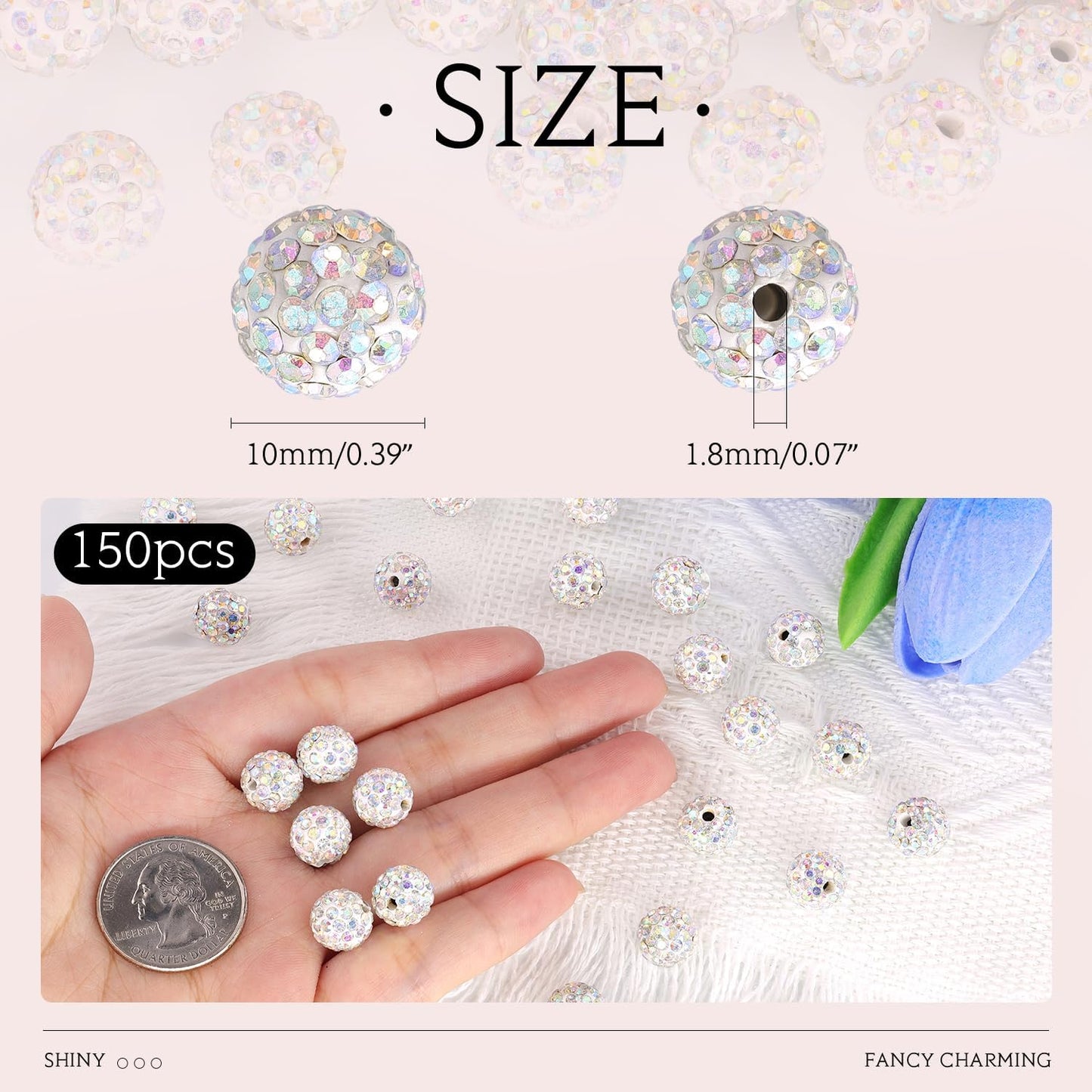 150 pcs 10mm Rhinestone Beads for Jewelry Making, Crystal AB Shiny Round Shamballa Disco Beads Bulk, Sparkle Crystal Clay Christmas for Bracelet Baseball Necklace Earring Crafting and DIY
