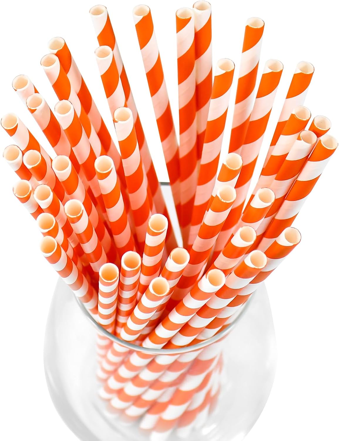 Compostable 7.75 inch Orange White Striped Paper Drinking Straws, 100 Counts - for Cocktail, Juice, Coffee, Bars, Restaurants