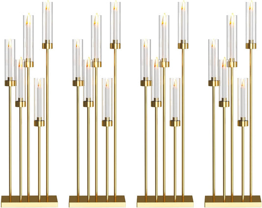 42.5'' Floor Candelabra 5 Arm Candelabra Centerpieces for Tables Gold Candle Sticks Holder 4 Set Tall Metal Candlestick with Acrylic Lampshades for Home Christmas Party (Square)