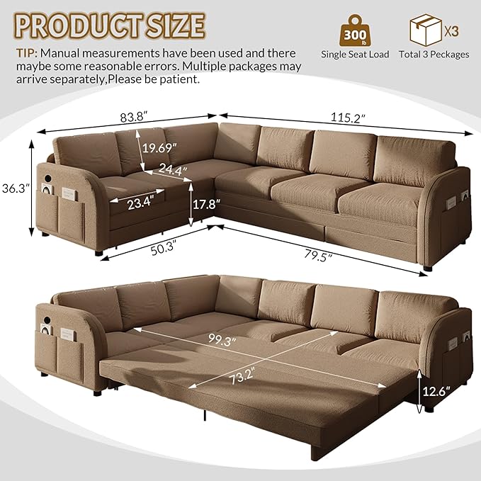King Size Sleeper Sofas Convertible Couches, Oversized 6-Seat Sectional Sofa - Image 3