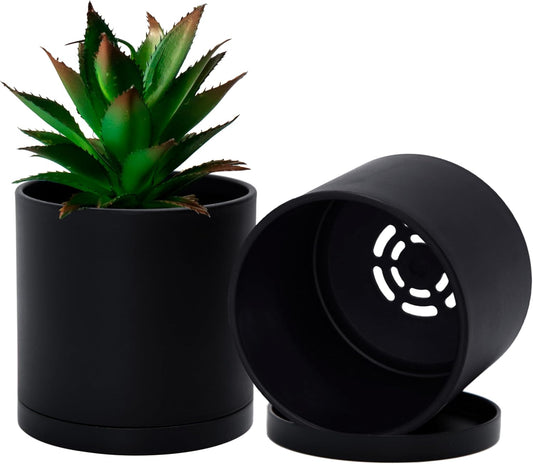 D'vine Dev 2 Pack 4 Inch Modern Plastic Plant Pots, Small Garden Planters for Plant with Drainage Holes and Saucers, Black Color, 74-Y-E-1