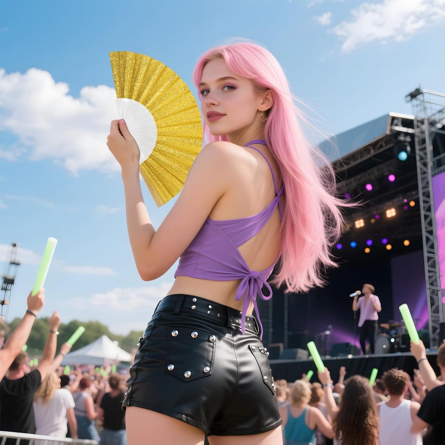 12 Pack Handheld Fan,Folding Hand Glitter Fan with Shining Transparent Fan Rib – Ideal for Wedding, Church, Festival, Dance, Tea Party, Club, and EDM Accessories, Yellow