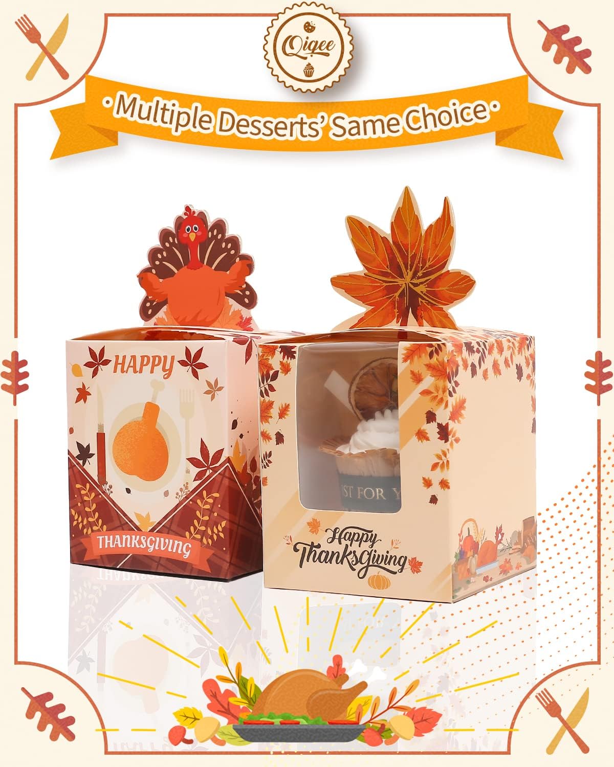 qiqee Thanksgiving Individual Cupcake Boxes Cupcake Holders Disposable 60pcs Single Cupcake Boxes with Window 3.7x3.7x4.5 inch Cupcake Containers For Thanksgiving