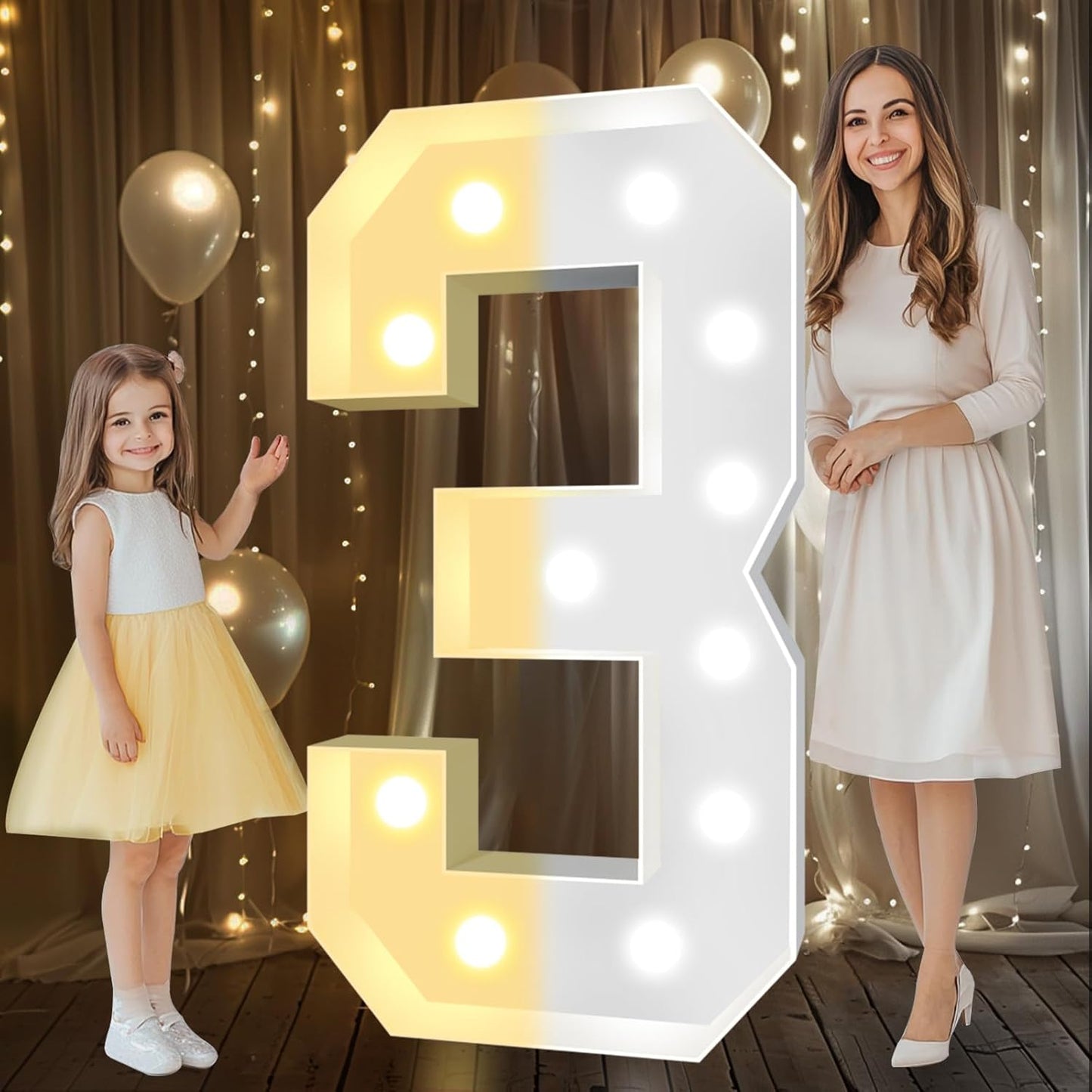 Pooqla 4 FT Light Up Marquee Numbers, Cool White and Warm White LED Large Lighted Marquee Numbers, Giant Mosaic Light Up Numbers for Balloons 3rd 13th 30th Birthday Party Decoration, LED Number 3