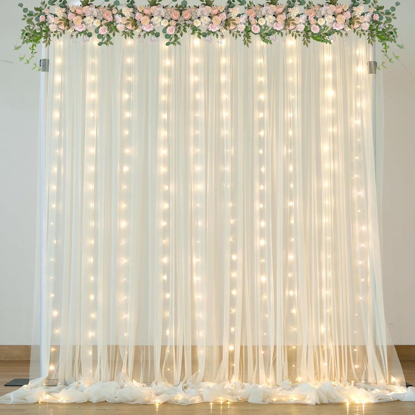 Ivory Sheer Backdrop Curtains with Lights String for Parites Wedding 10×8ft Tulle Backdrop Curtains for Baby Shower Birthday Party Photo Shoot Background Decorations