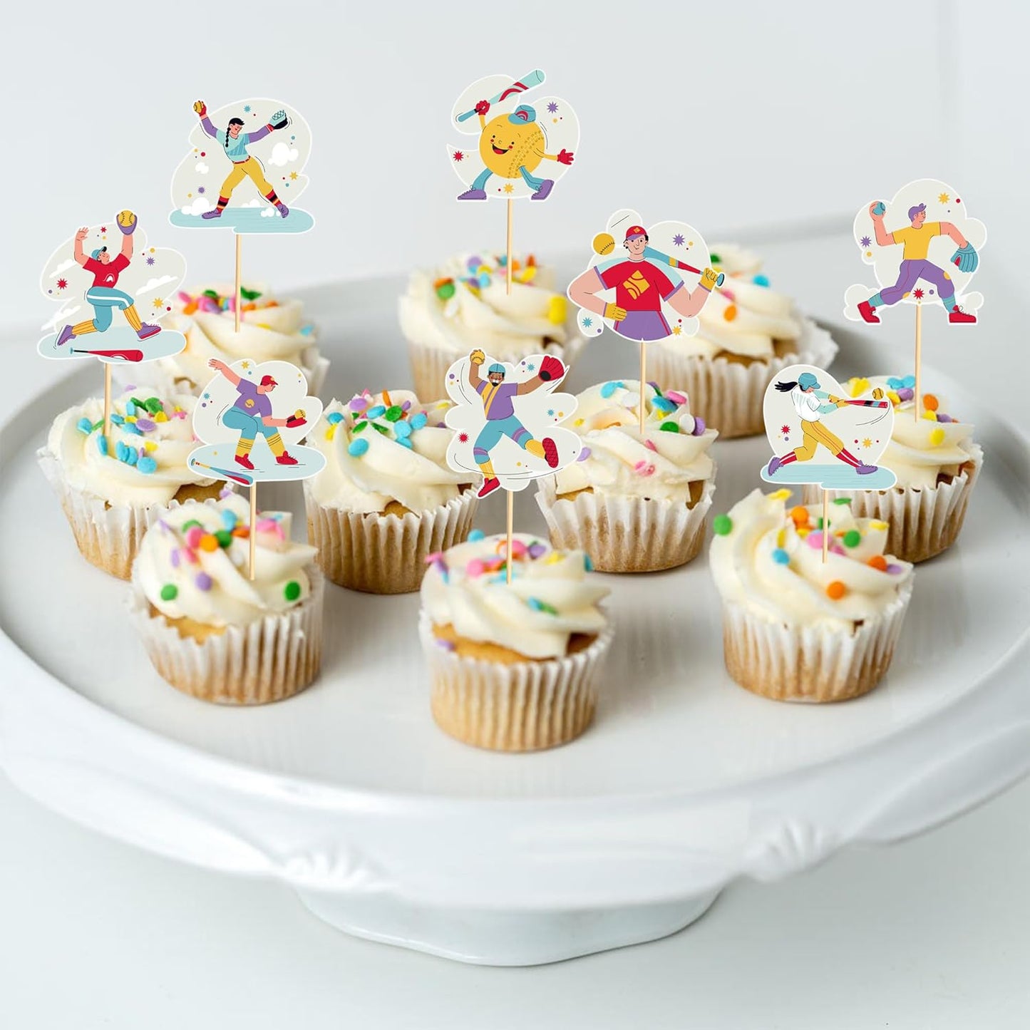 24pcs Baseball Cupcake Toppers Sports Game Baseball Players Cupcake Picks for Sports Baseball Theme Baby Shower Kids Boys Girls Birthday Party Cake Decorations Supplies