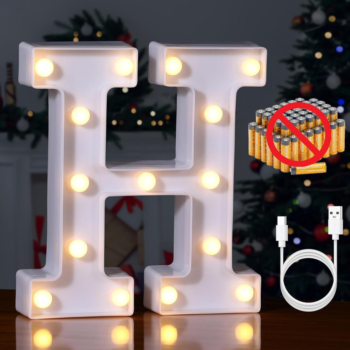 Foaky Rechargeable LED Letter Lights Sign Marquee Light Up Letters Sign for Night Light Wedding/Birthday Party Christmas Lamp Home Bar Decoration (H)