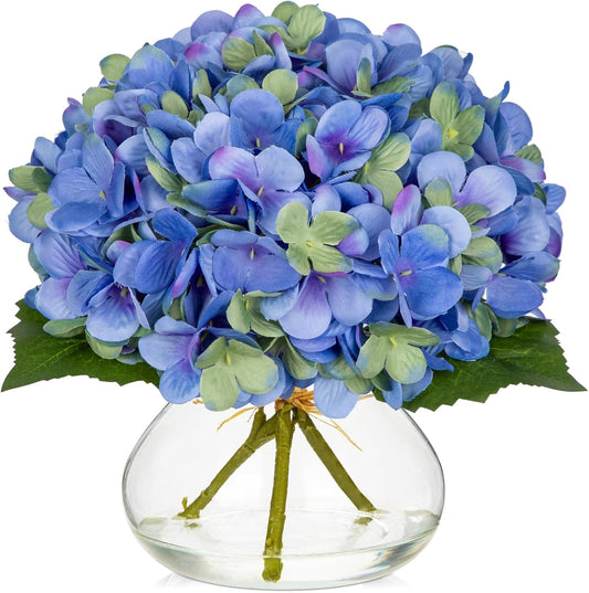 Hollyone Hydrangea Artificial Flowers with Glass Vase Blue-Green Silk Faux Flowers Arrangements in Vase with Faux Water Fake Floral Bulk Bouquet for Home Decor Table Centerpiece Decorations
