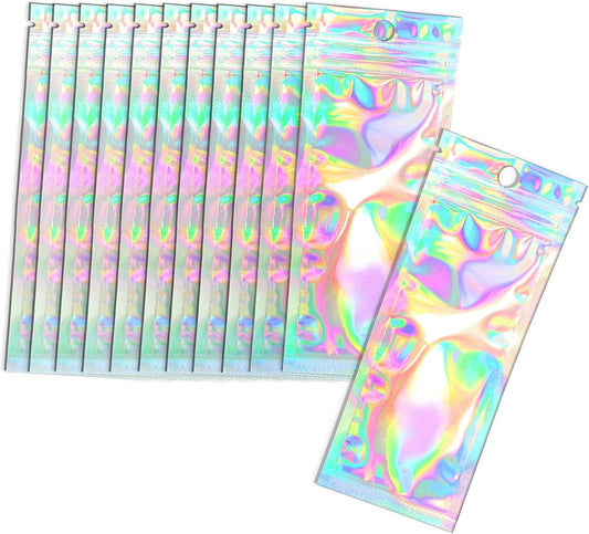 Smell Proof Bags & Resealable Foil Pouch Bag [100 PCS ] Great for Party Favor Food Storage (Holographic Color, 2.4x5.9")