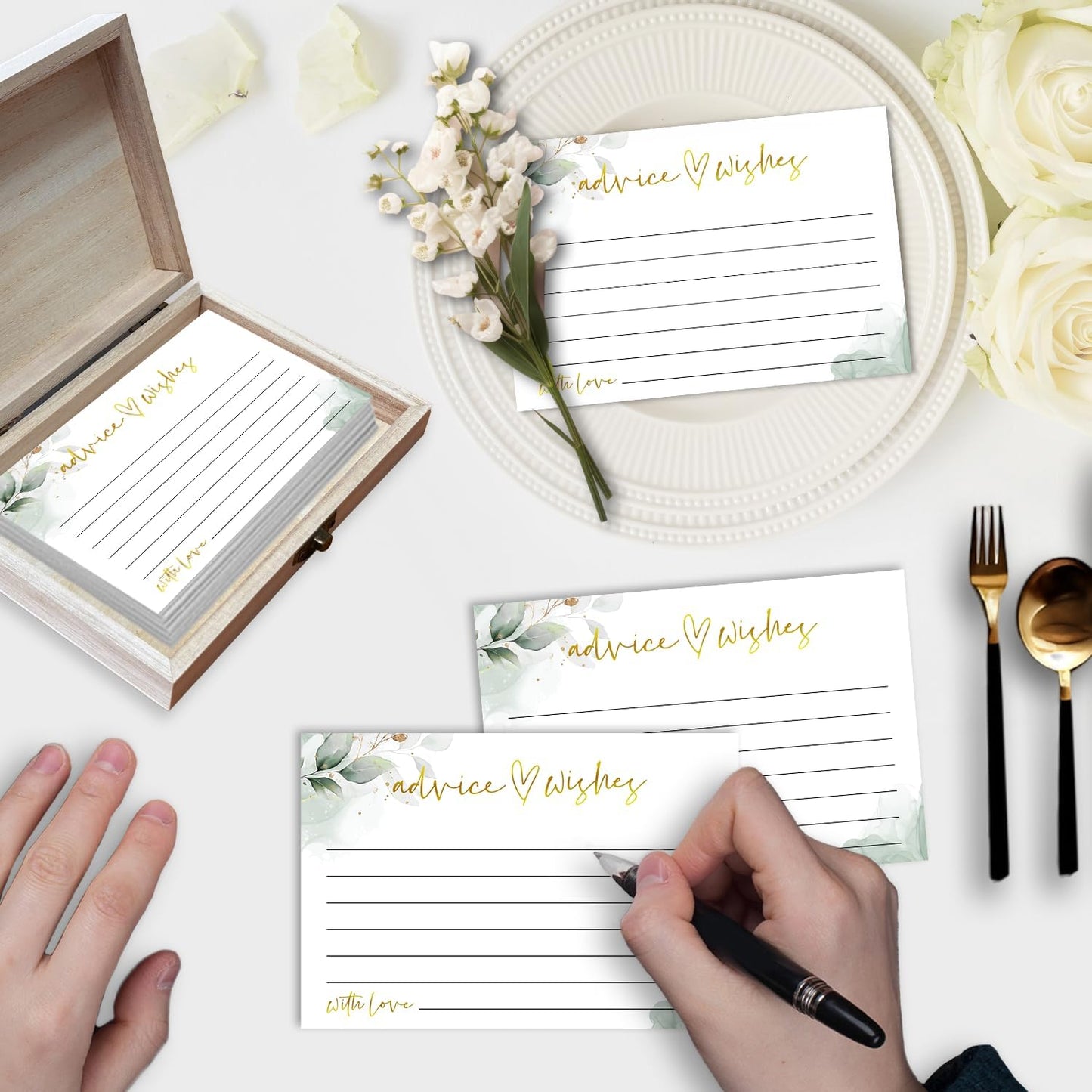 Watercolor Advice and Wishes Cards with Box - 50 Pcs Eucalyptus Advice Cards for Wedding, Bridal Shower, Baby Shower, Well Wishes Box for Graduation, Christmas, Birthday Party Decorations -A05