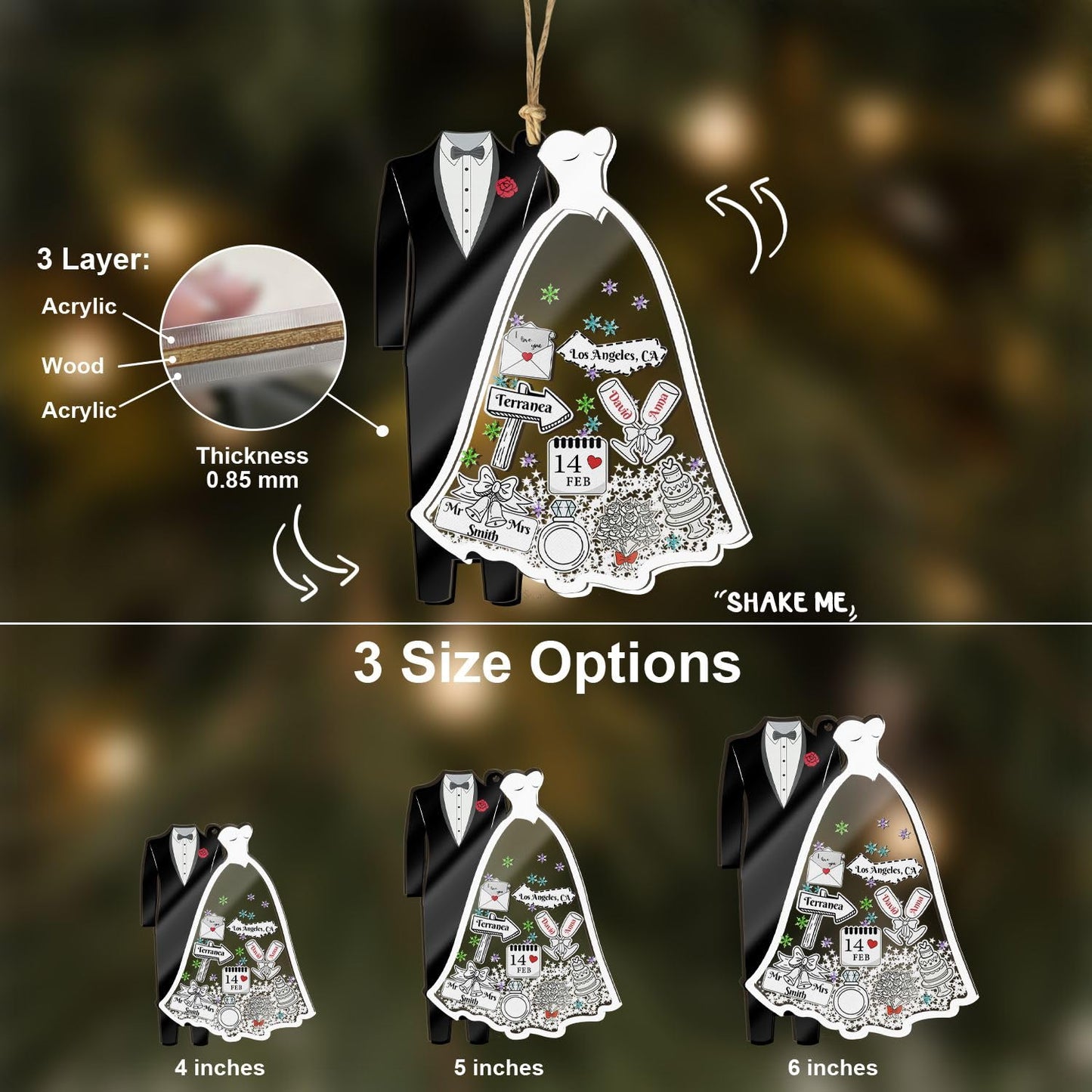 Personalized Wedding Shake Ornament, Custom Bride and Groom Christmas Ornament, First Christmas Married Keepsake Ornament, Newlywed Engagement Gift, Bridal Shower Decoration for Couples