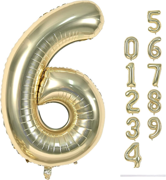 Champagne Gold Number 6 Balloon, 40In Large Foil Number Balloons Set 0-9 for Women, Self Inflating Light Gold Digital 6 Helium Balloon for Girls Boys 6th Birthday Anniversary Party Decoration Supplies