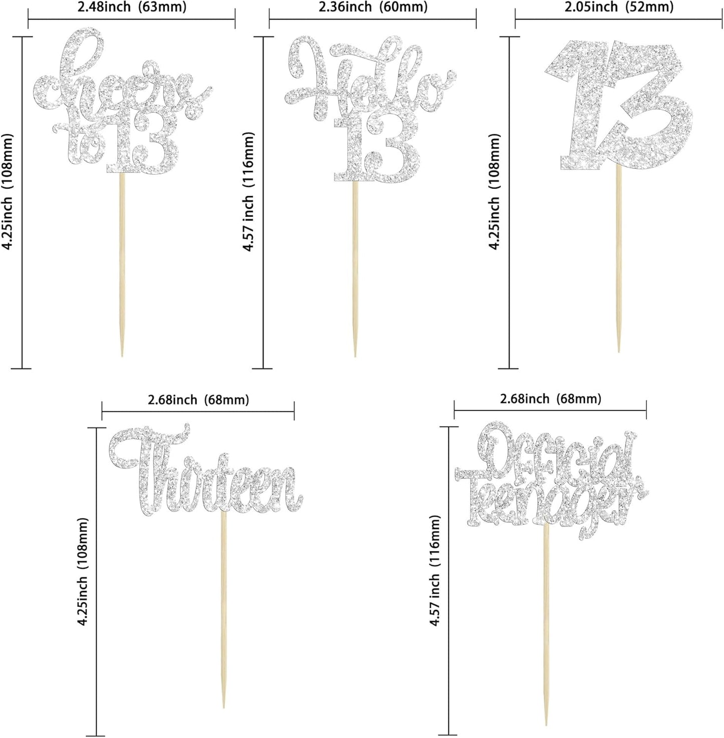 30Pcs 13th Birthday Cupcake Toppers Hello 13 Cupcake Picks Official Teenager Cheers to 13 Years Old Cake Decorations for 13th Birthday Anniversary Party Supplies Silver Glitter