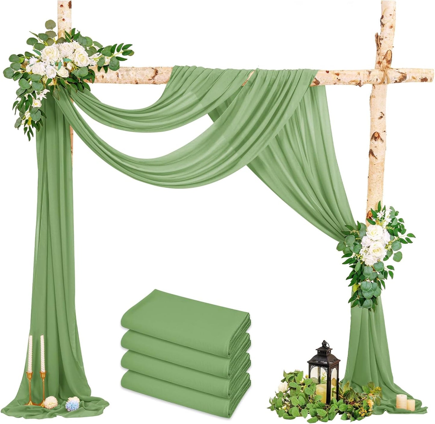 Wedding Arch Drapes, 4 Panels 28" x 20ft Sage Green Sheer Chiffon Curtains for Wedding Ceremony & Reception Party Decoration