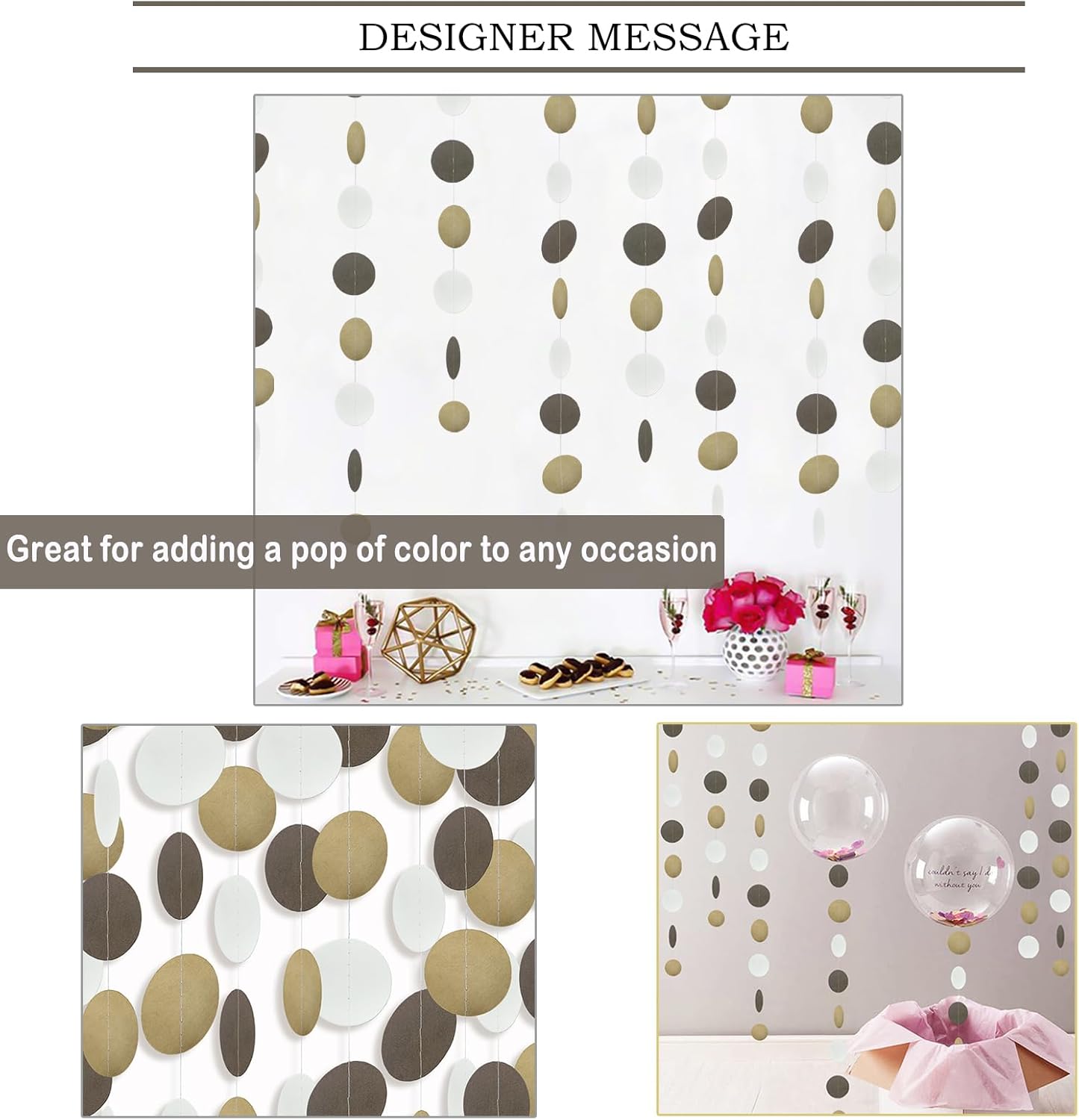 MerryNine Paper Garland 5 Pack, 50ft Glitter Paper Garland Circle Dots Hanging Decor, Banner for Baby Shower, Birthday, Nursery Party Decor (Brown Kraft Beige)