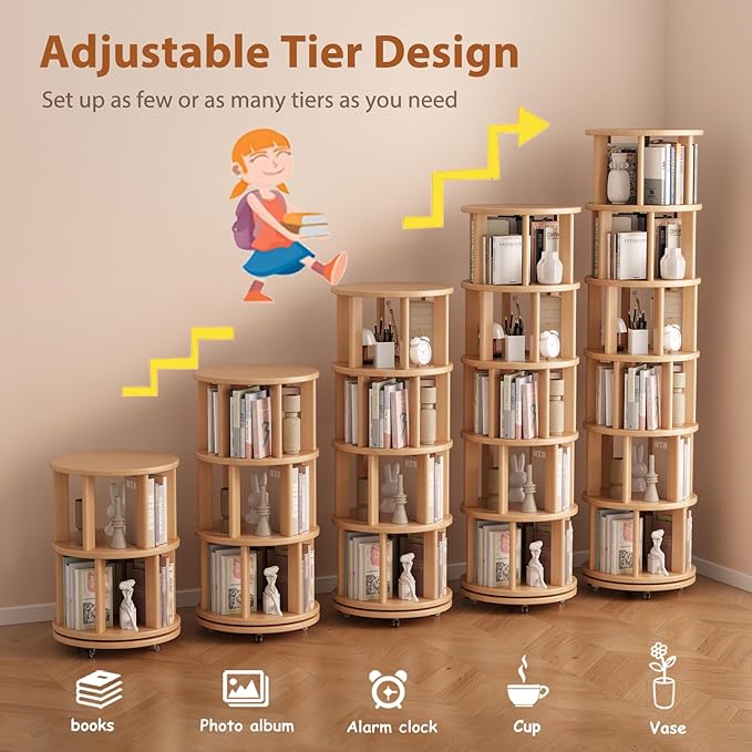 Muwuele Solid Wood Rotating Bookshelf on Wheels, 6 Tier, Round Revolving - Image 7