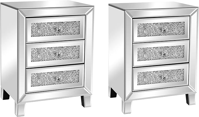 VINGLI Mirrored Nightstand Set of 2, Mirrored Side/End Table by VINGLI
