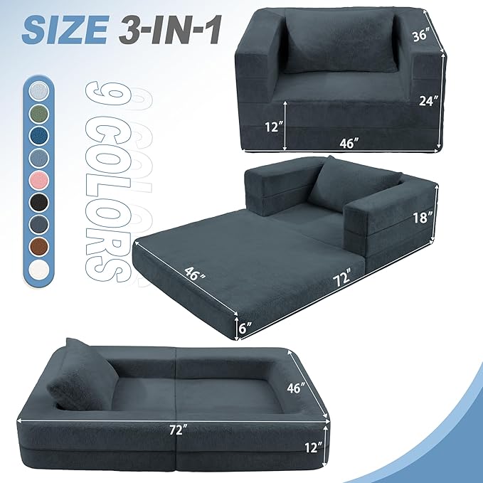 Futon Sofa Bed with Pillow, 3-in-1 Sleeper Sofa Bed with Removable Cover - Image 3