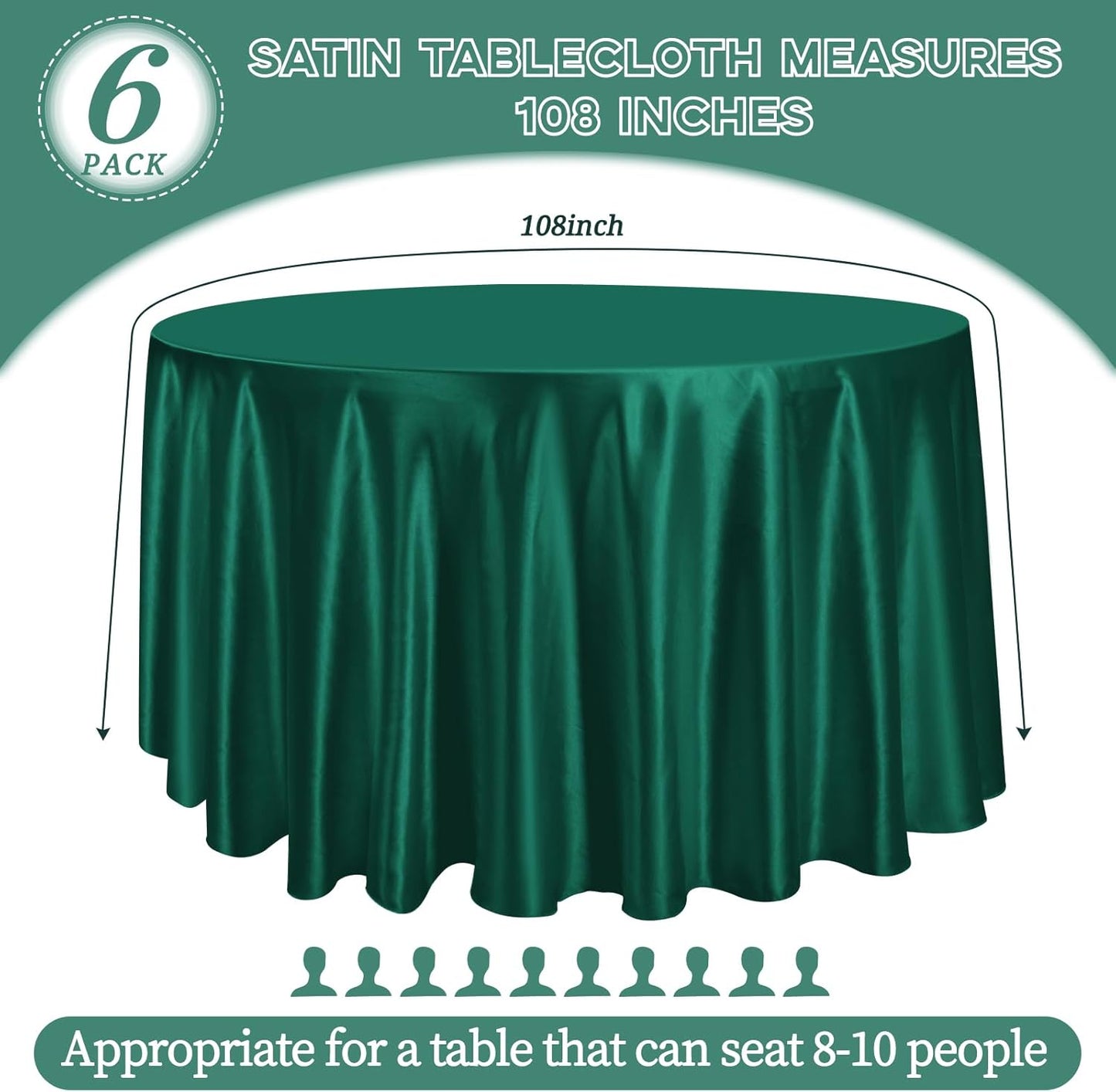 6 Pack 108 Inch Hunter Green Satin Tablecloth - Premium Bright Silky Round Tablecloth Overlay Smooth Fabric Table Cover, Table Decoration for Wedding Party Banquet Events Restaurant Kitchen Dining