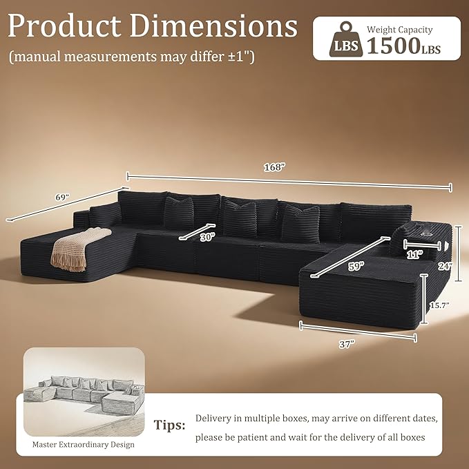 168" Cloud Sectional Couch, Comfort U Shaped Sofa - Image 2