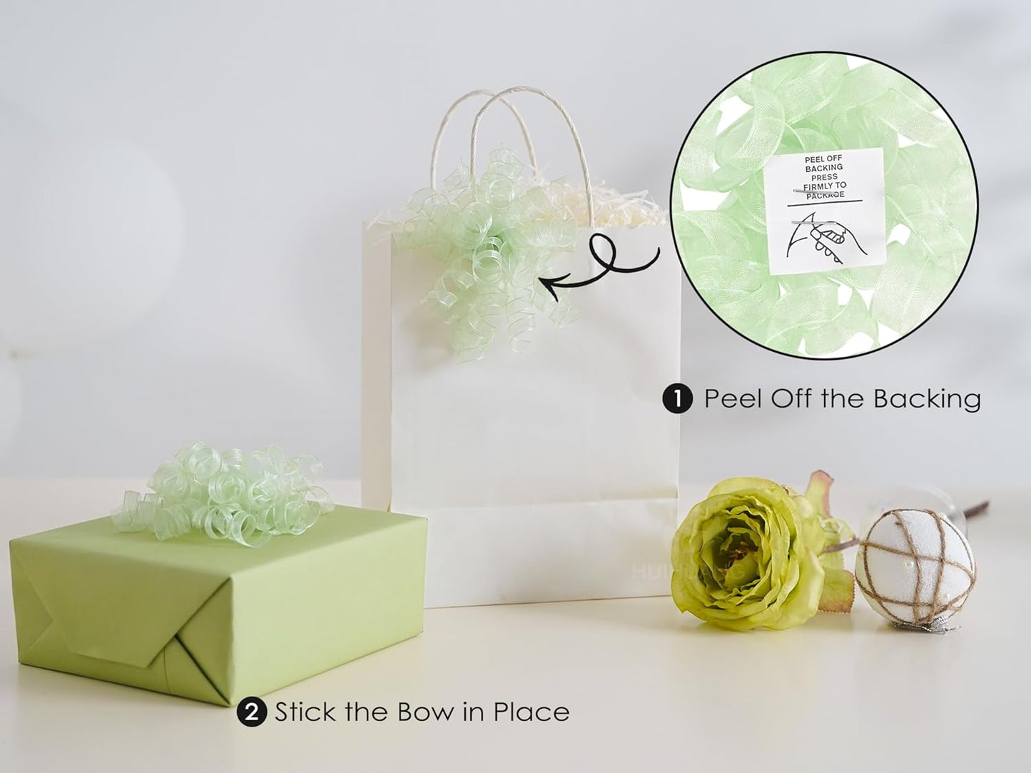 HUIHUANG Curly Bows for Gift Wrapping Sage Green Gift Bows 5 inch x 8 Counts Self-Adhesive Curly Ribbon Bow for Presents, Treat Bags, Baby Shower Favors, Wrapping Accessories, Party Decor