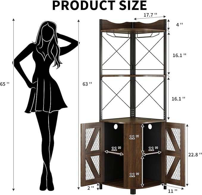 Corner Bar Cabinet with LED Lights and Power Outlet, 63 Inch, 5-Tier Industrial - Image 2