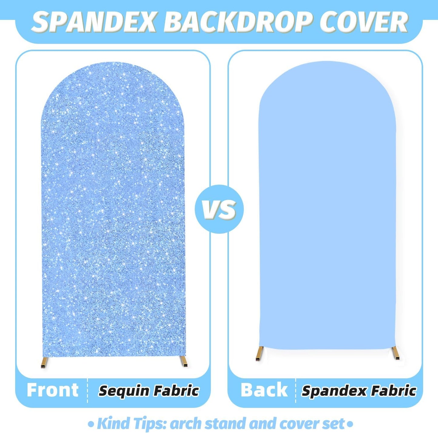 MODFUNS Metal Arch Backdrop Stand and Cover 6&7.2ft Baby Blue Glitter Arch Cover Set of 2 Gold Arch Stand with Covers Double Sided Sequins Arch Covers for Wedding Ceremony Birthday Party Decoration