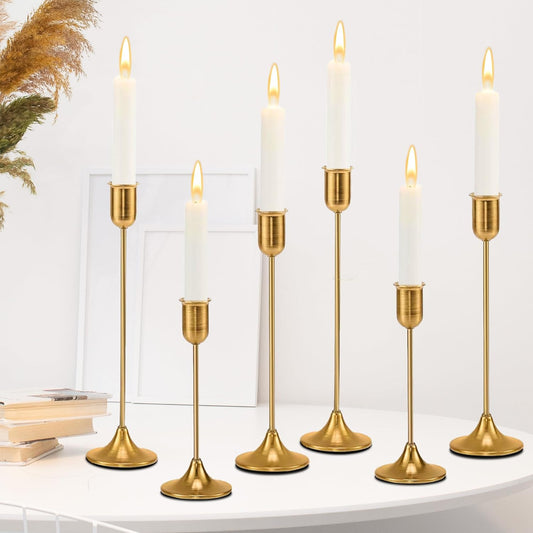 6 Pcs Brass Gold Candle Holders Set, Candelabra Tall Candle Stand, Metal Taper Candlestick Holders for Dining, Table Centerpieces & Vintage Home Decor– Housewarming Gift for Halloween Decor, Christmas