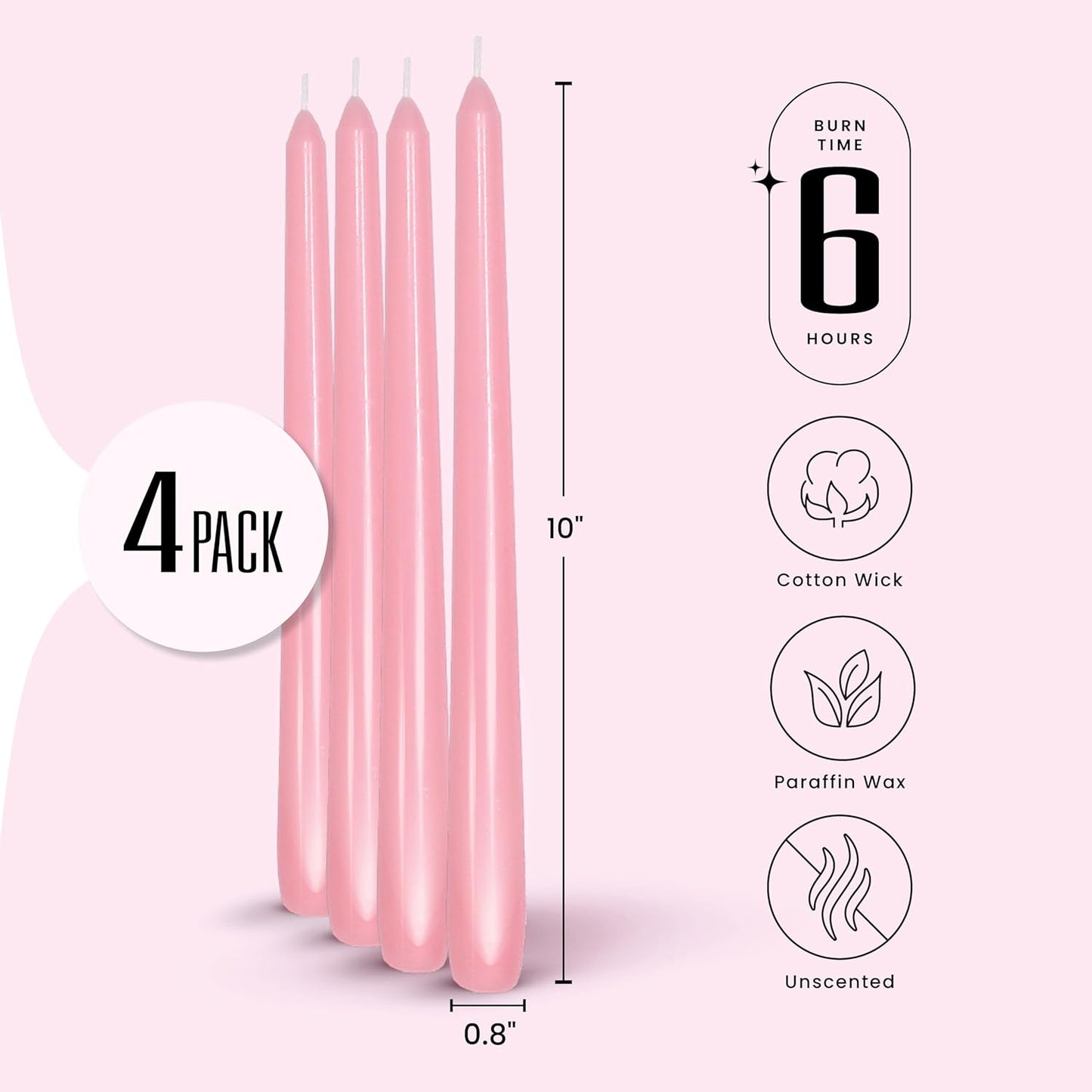 Leor & Lair Light Pink Taper Candles - 4 Pack 10" Pink Candlesticks - Unscented Blush Candles for Weddings, Mother’s Day, Baby Showers, Dinner Table & Holiday Decor