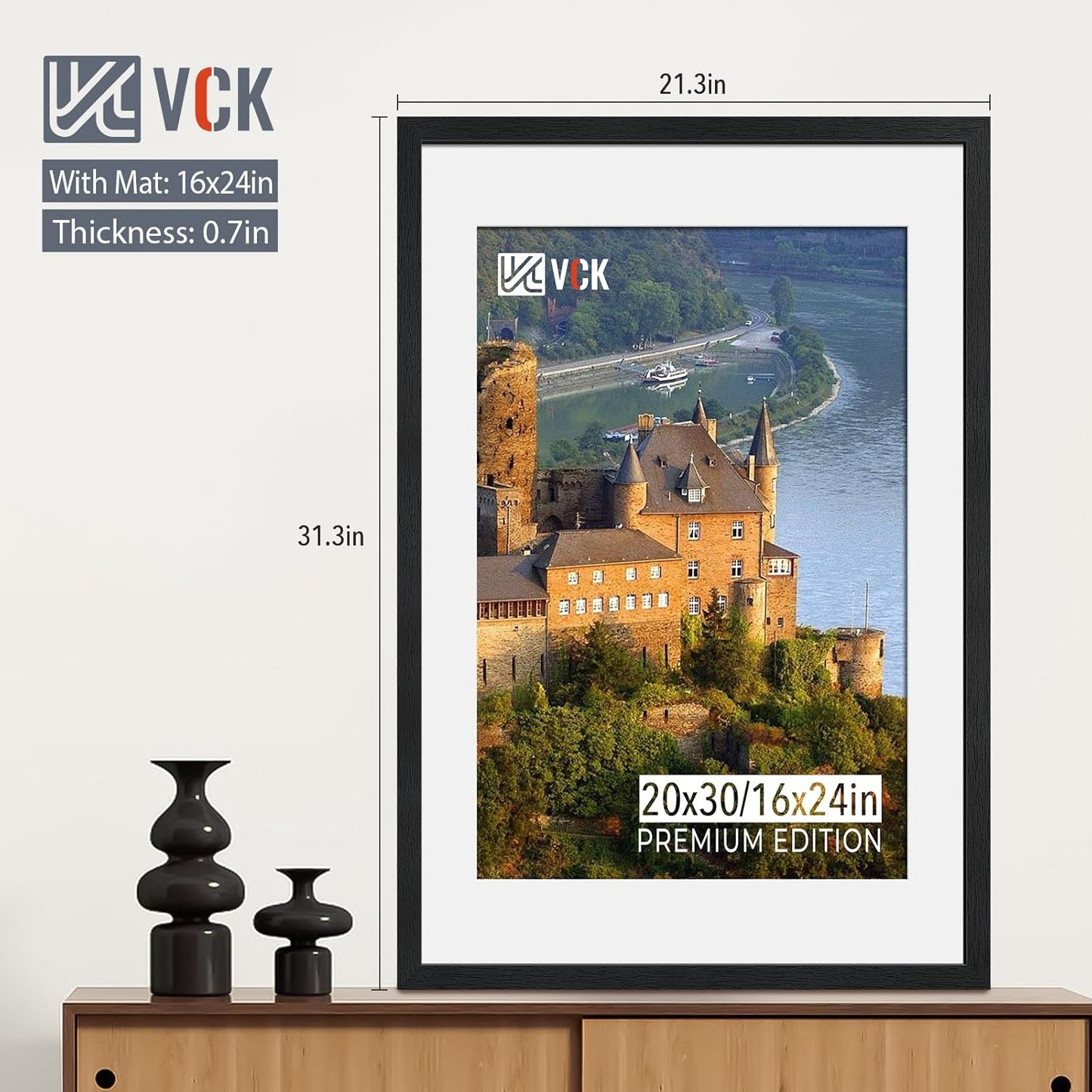 VCK 20x30 Poster Frame Black - 5 Pack, Solid Wood Picture Frame, Matted to 16x24 or 20x30 without Mat, Textured Exclusive, Horizontal and Vertical Formats with Included Hanging Hardware