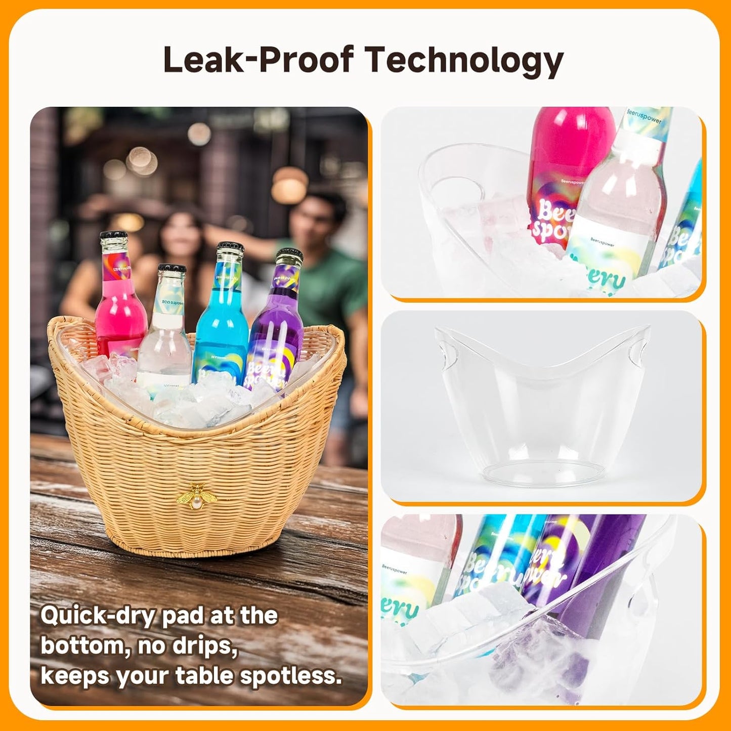 Lexenic Ice Bucket with Handle Hole, Woven and Acrylic Double Layer Basket Design, 4L Champagne Wine Ice Bucket for Cocktail Bar, Parties, Picnics- Anti Frozen Hands Anti Water Leakage (Rattan)