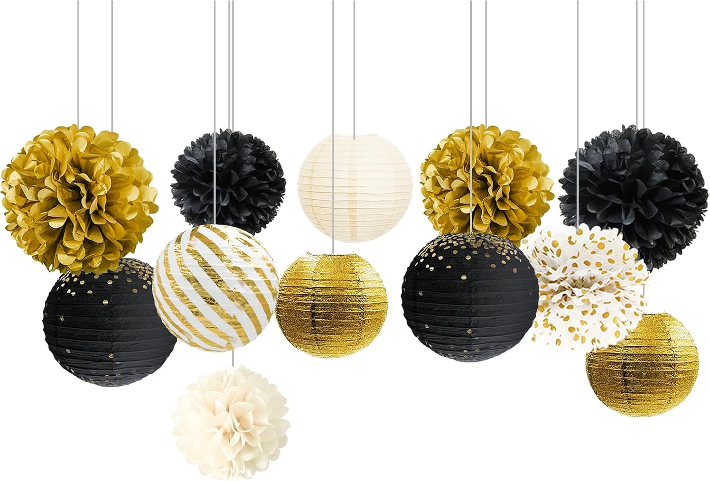 NICROLANDEE Black Gold Party Decorations,12PCS Paper Lantern Tissue Pom Poms Black and Gold Hanging Backdrop Decor for 2025 Graduation New Year Birthday Christmas Party Supplies