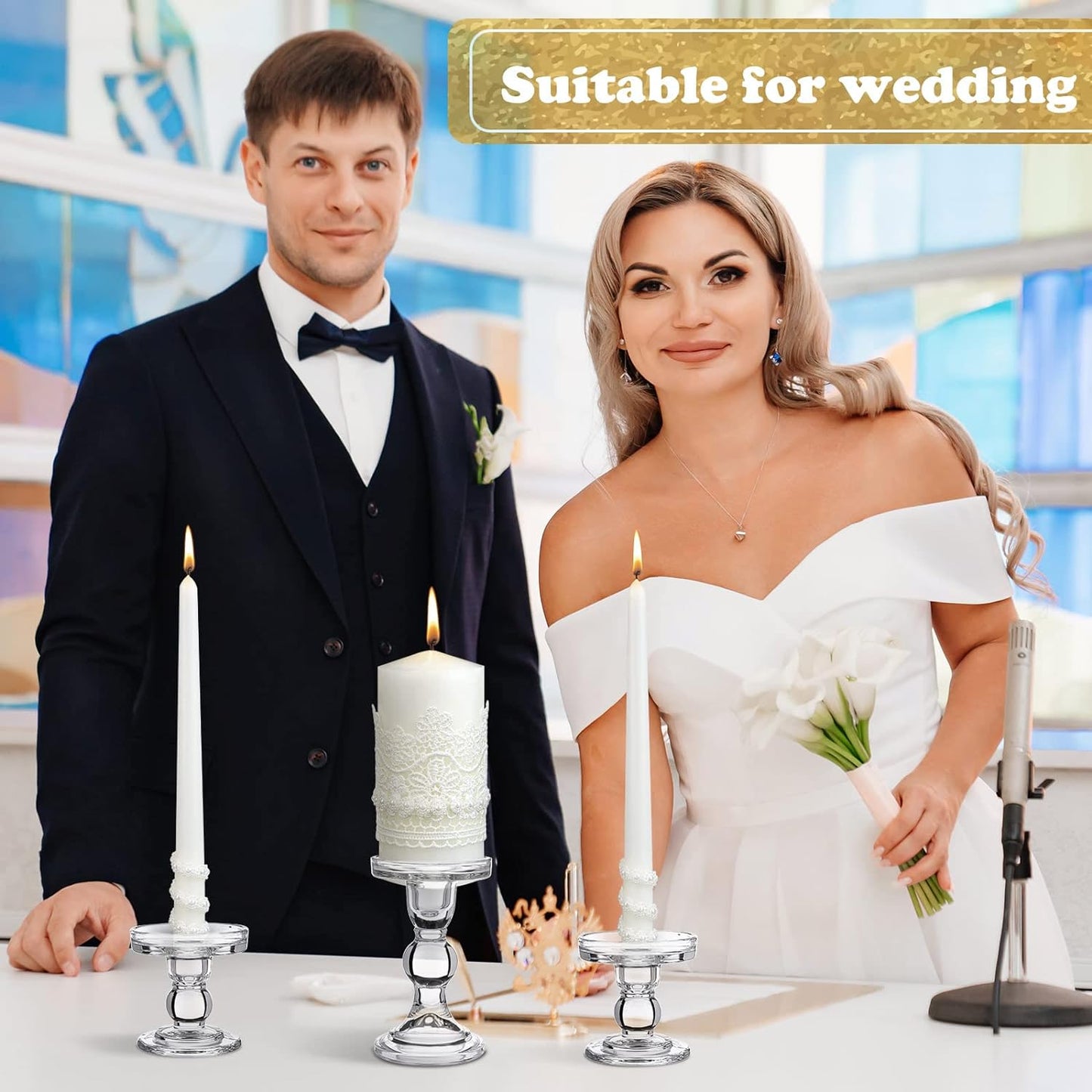 Irenare Unity Candles with Holder for Wedding Ceremony Wedding Decortions Accessories Glass Candle Holder Pillar Candle for Formal Events Church(Classic Style)