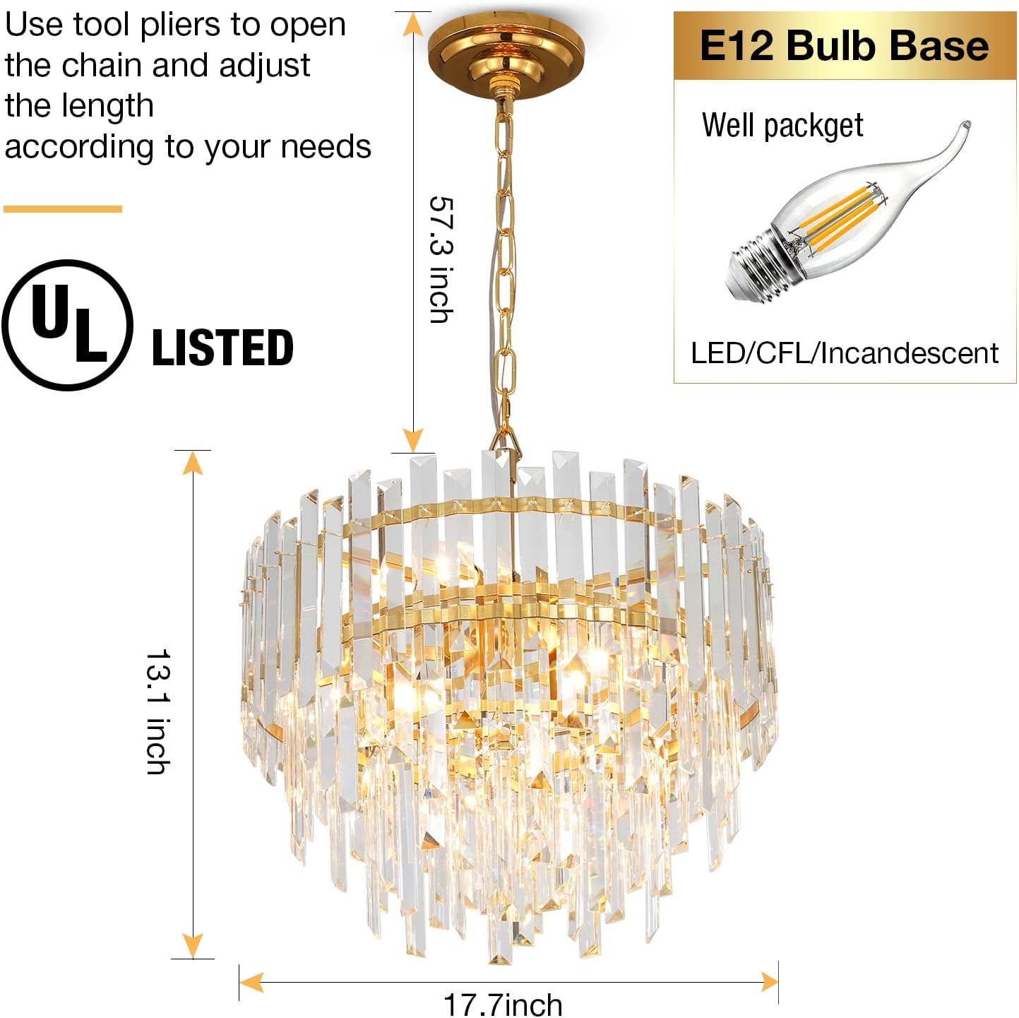Gold Copper Crystal Chandelier Lighting 17.7'' for Dining Rooms Bedroom Foyer Entryway Ceiling Hanging Pendant Chandelier Light Fixture Lamp