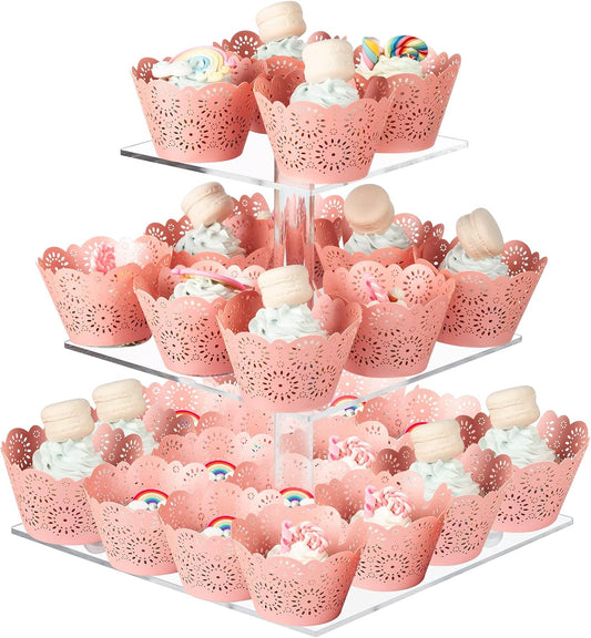 Boxalls Cupcake Stand, 3 Tier Square Acrylic Cupcake Display Stand Holder, Clear Dessert Pastry Tower for Wedding, Birthday, Theme Party, Baby Shower