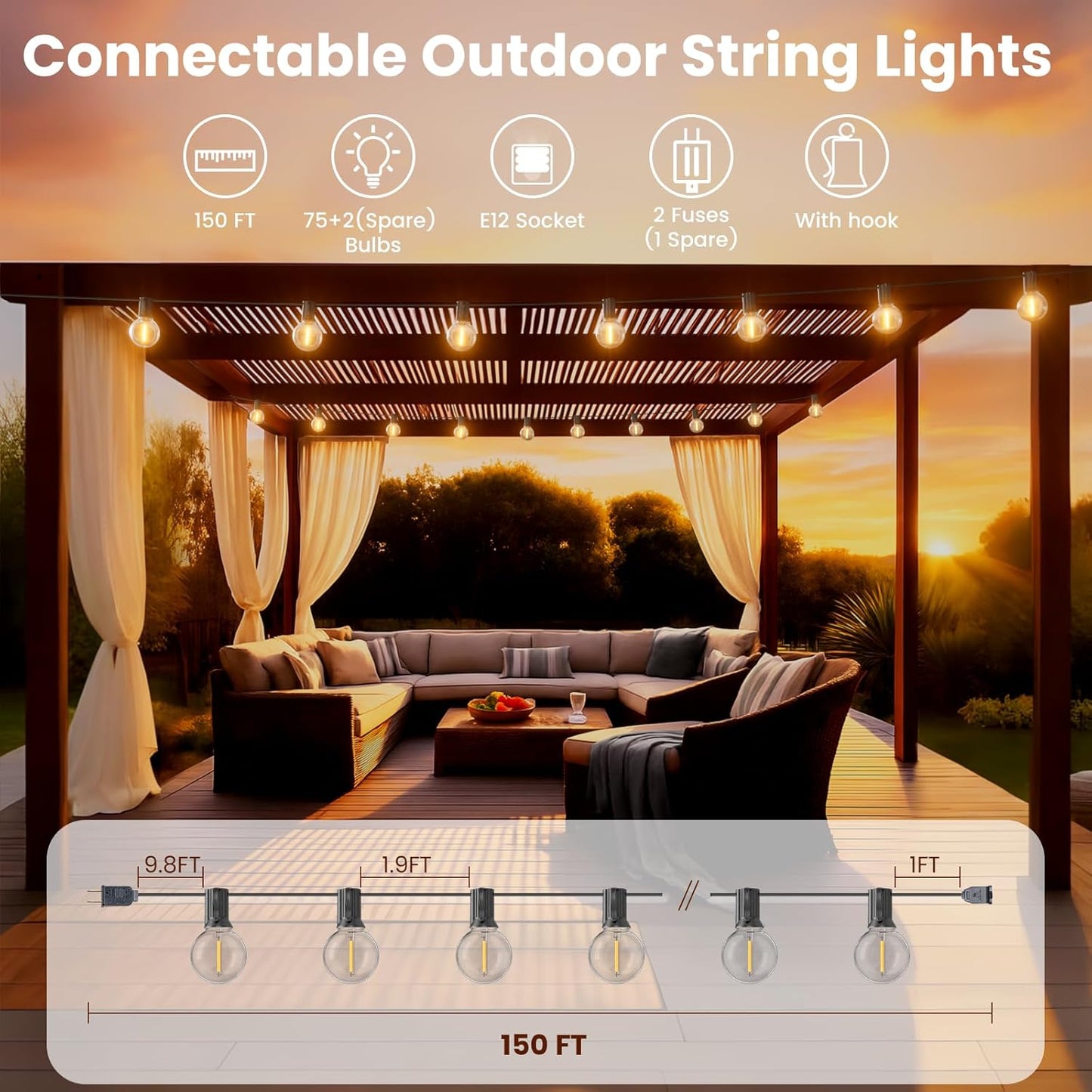 RTTY Outdoor String Lights 150ft, G40 Led Patio Lights with 75pcs Plastic Globe Bulbs,Shatterproof Waterproof Connectable Hanging for Porch Cafe Bistro Backyard Gazebo Balcony Deck Party