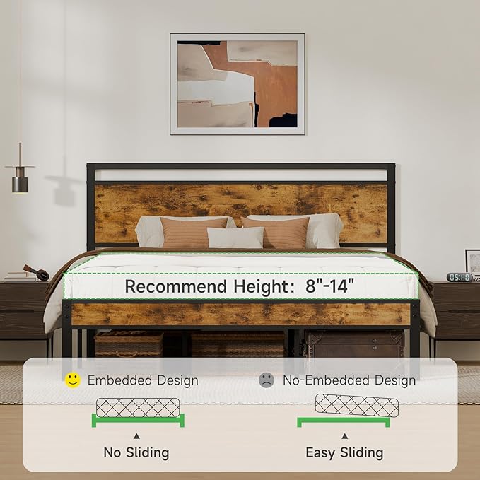 King Metal Bed Frame with Wooden Headboard and Footboard, Heavy Duty Platform - Image 8