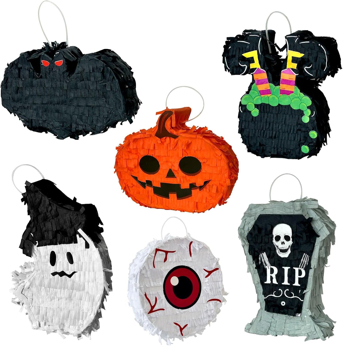 6 Pcs Halloween Piñata Set Small Pumpkin Ghost Tombstone Bat Eyeball Witch Jar Piñata Fillable Piñata for Halloween Party Decorations Photo Props for Candy and Treats