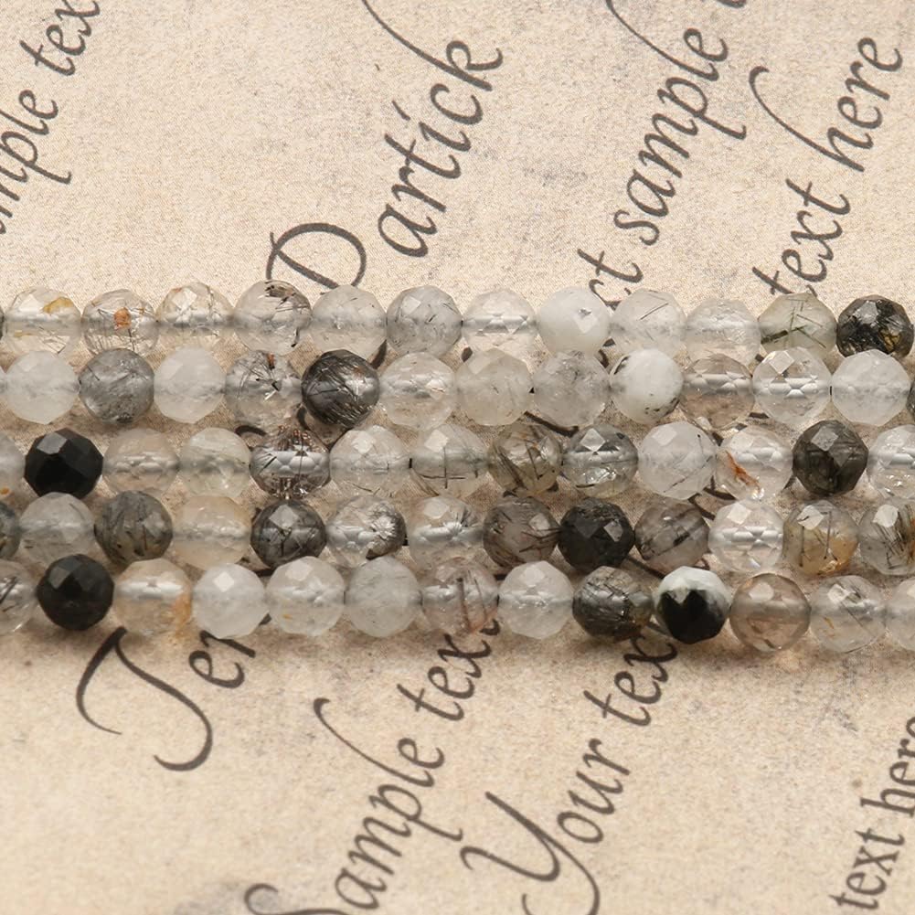 Song Xi 180pcs 2mm Natural Black Rutilated Quartz Gemstone Beads Faceted Round Loose Stone Beads for Jewelry Making