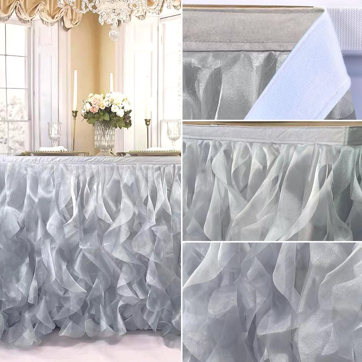 Luxury Organza Mesh Table Skirt Draping Floating Romance - Perfect for Bridal Showers, Birthday Weddings - Clear Flowing Decoration for a Wonderful Main Cake Table (Silvey Grey-6ft, 72" L×30" H)