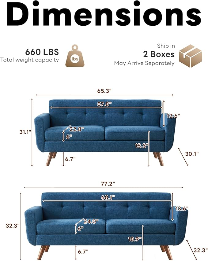 Tbfit Mid Century Modern Sofa Couch, Loveseat & Standard Sofa | linen fabric - Image 2