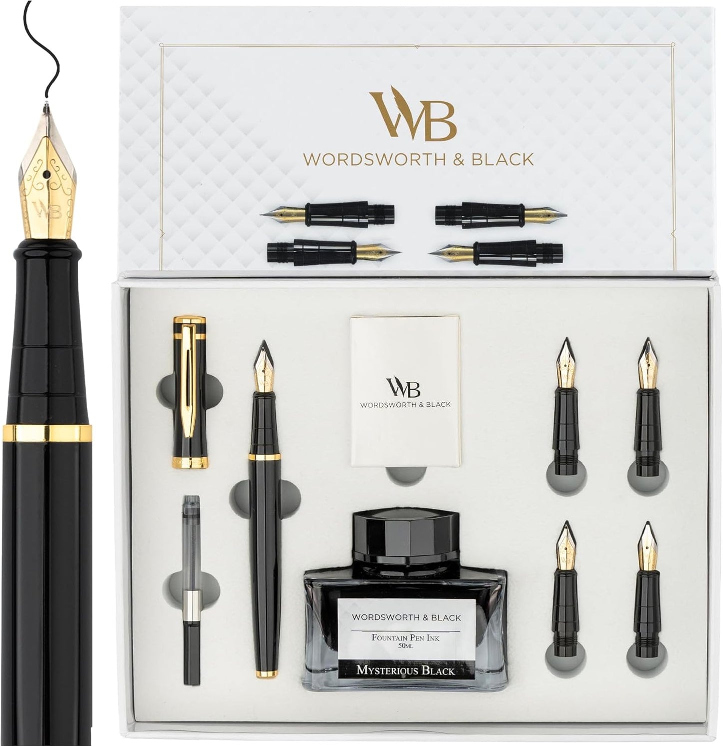 Wordsworth & Black Fountain Pen Gift Set, Includes Bottle, 6 Cartridges, Refill Converter, 4 Replacement Nibs, Premium Package, Journaling, Calligraphy, Smooth Writing Pens [Black Gold]