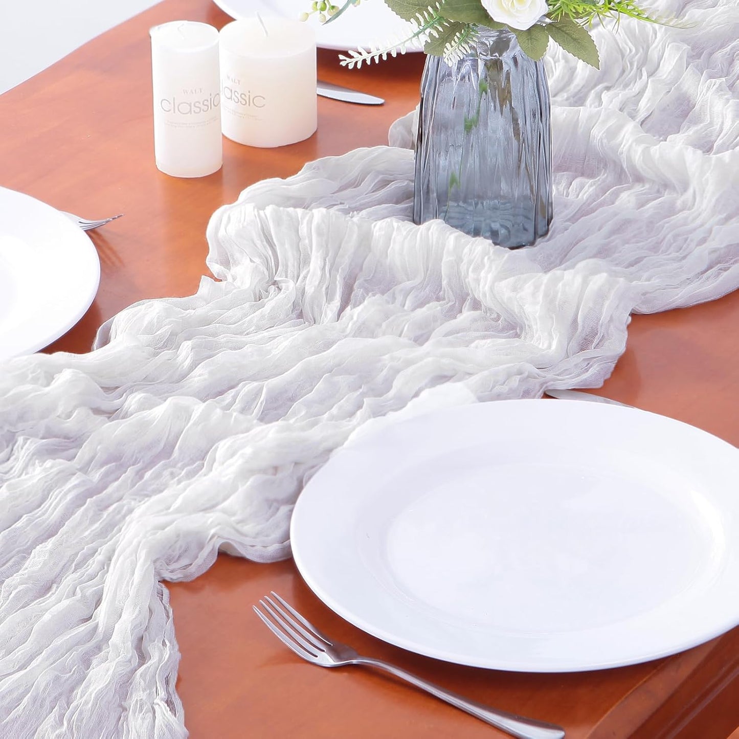 16PCS White Cheesecloth Table Runner 10FT 35x120Inch Boho Gauze Cloth Long Rustic Sheer for Wedding Party Baby Bridal Shower Decor